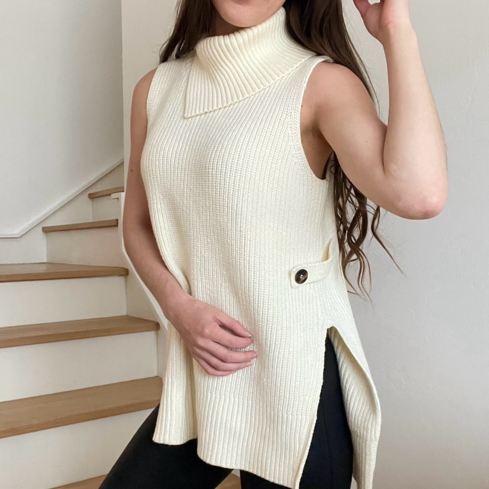 Anthropologie Alexa Sleeveless Split Mock Neck Button Sides Cream Tunic Sweater